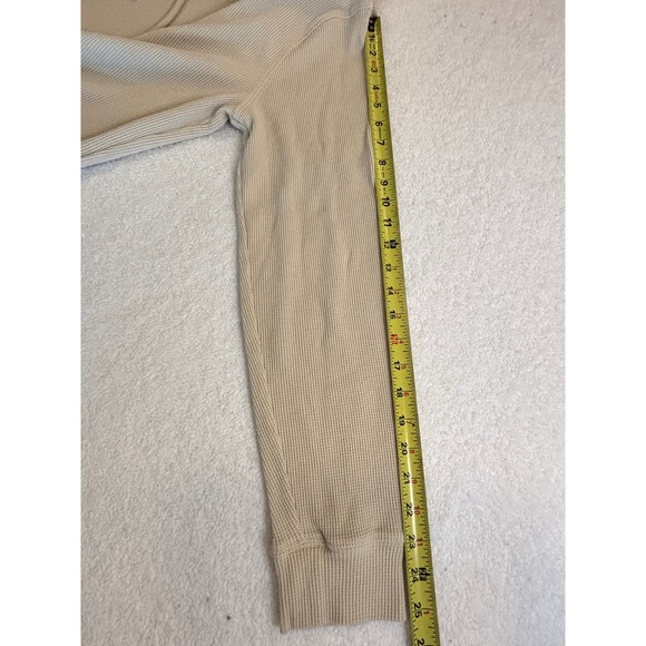 Waffle Knit Thermal Hoodie Tan Beige Curved Hem Long Sleeve Pullover - Picture 4 of 4